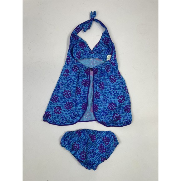 Vintage 60s 70s Blue Floral Two-piece Tank Swimsuit Set - Picture 3 of 7